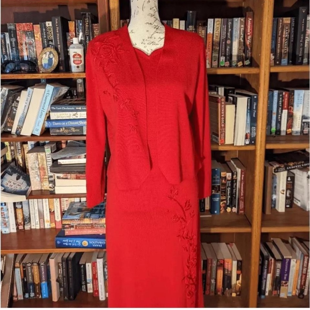 Teri Jon by Rickie Freeman vintage red wool maxi dress and cardigan embroidered